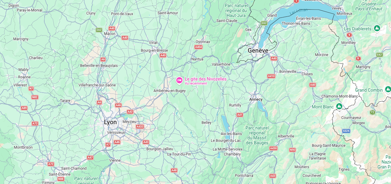 Carte de situation du Gîte des Nivozelles à Nivollet-Montgriffon proche d'Ambérieu-en-Bugey et Hauteville-Lompnes